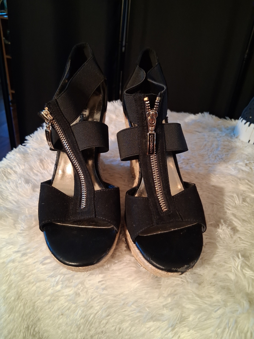 Guess Black Wedge Sandals with Front Zip Accent